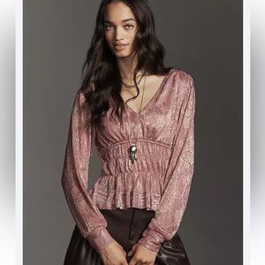 K104.Anthropologie  Metallic Rose Long-Sleeve V-Neck Peplum Top